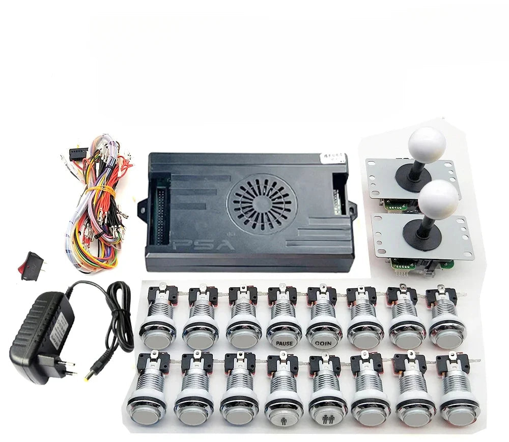 Gaming controller kit with joystick, buttons, and power supply on a white background