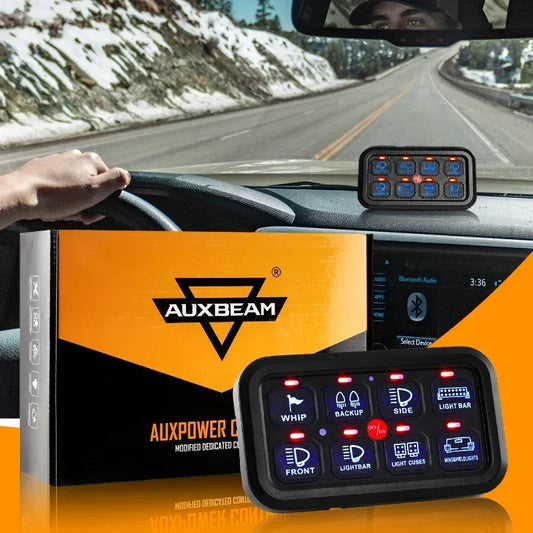 Auxbeam 8 gang on-off control switch panel installed in SUV dashboard with labeled buttons for easy access.