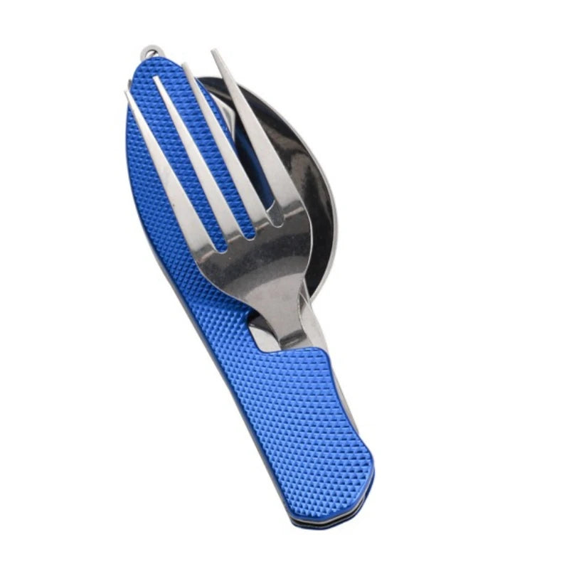 Foldable Stainless Steel Camping Utensil Set – 4-in-1 Knife, Fork, Spoon & Bottle Opener