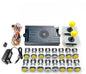Gaming kit with joystick, buttons, and power supply on a white background