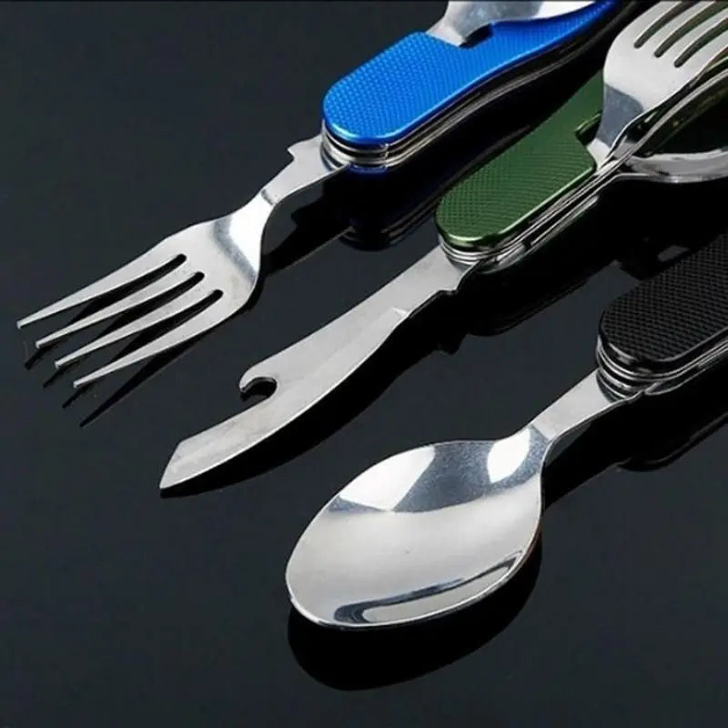 Foldable Stainless Steel Camping Utensil Set – 4-in-1 Knife, Fork, Spoon & Bottle Opener