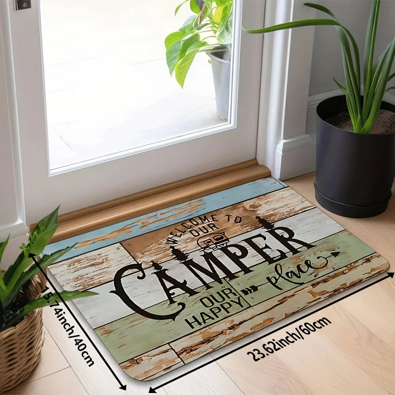 Camper Van Welcome Doormat – Non-Slip Flannel RV Mat with Trees Design