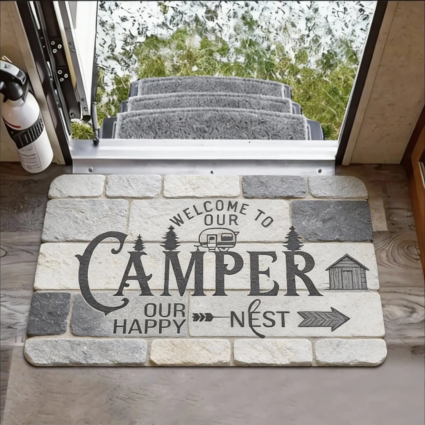 Camper Van Welcome Doormat – Non-Slip Flannel RV Mat with Trees Design