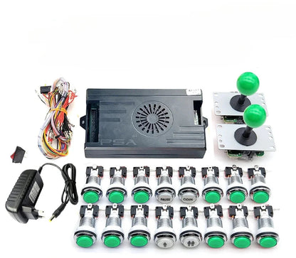 Amusement arcade parts including joystick, buttons, and power supply on a white background
