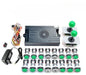 Amusement arcade parts including joystick, buttons, and power supply on a white background