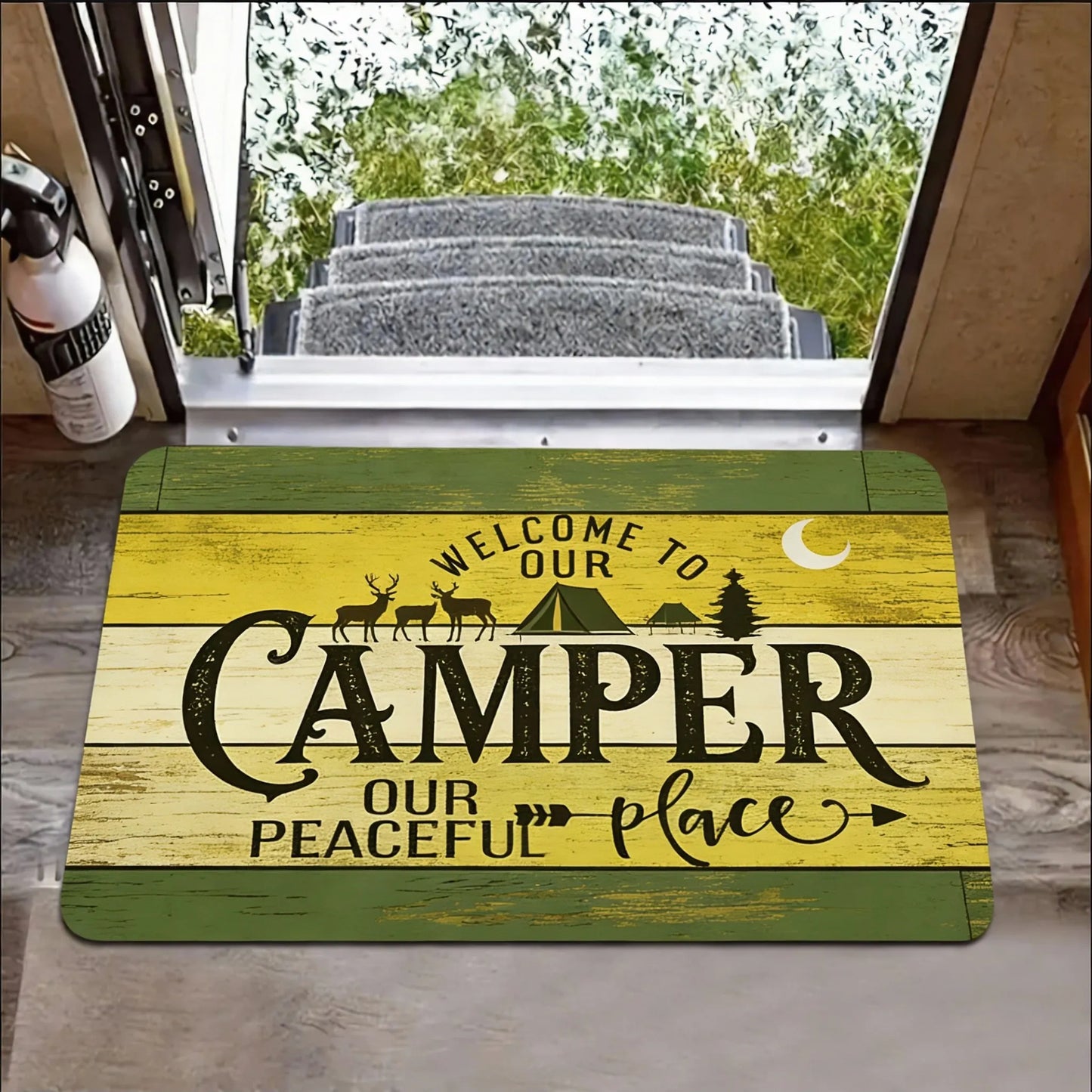 Camper Van Welcome Doormat – Non-Slip Flannel RV Mat with Trees Design