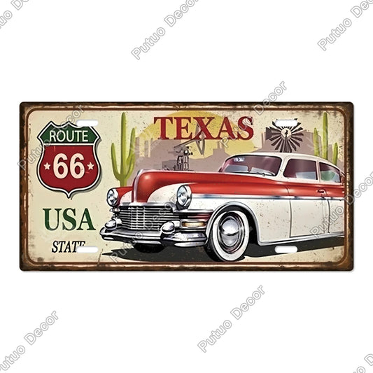 Vintage Route 66 metal sign featuring a classic red car and Texas theme, perfect for home decor and man caves.