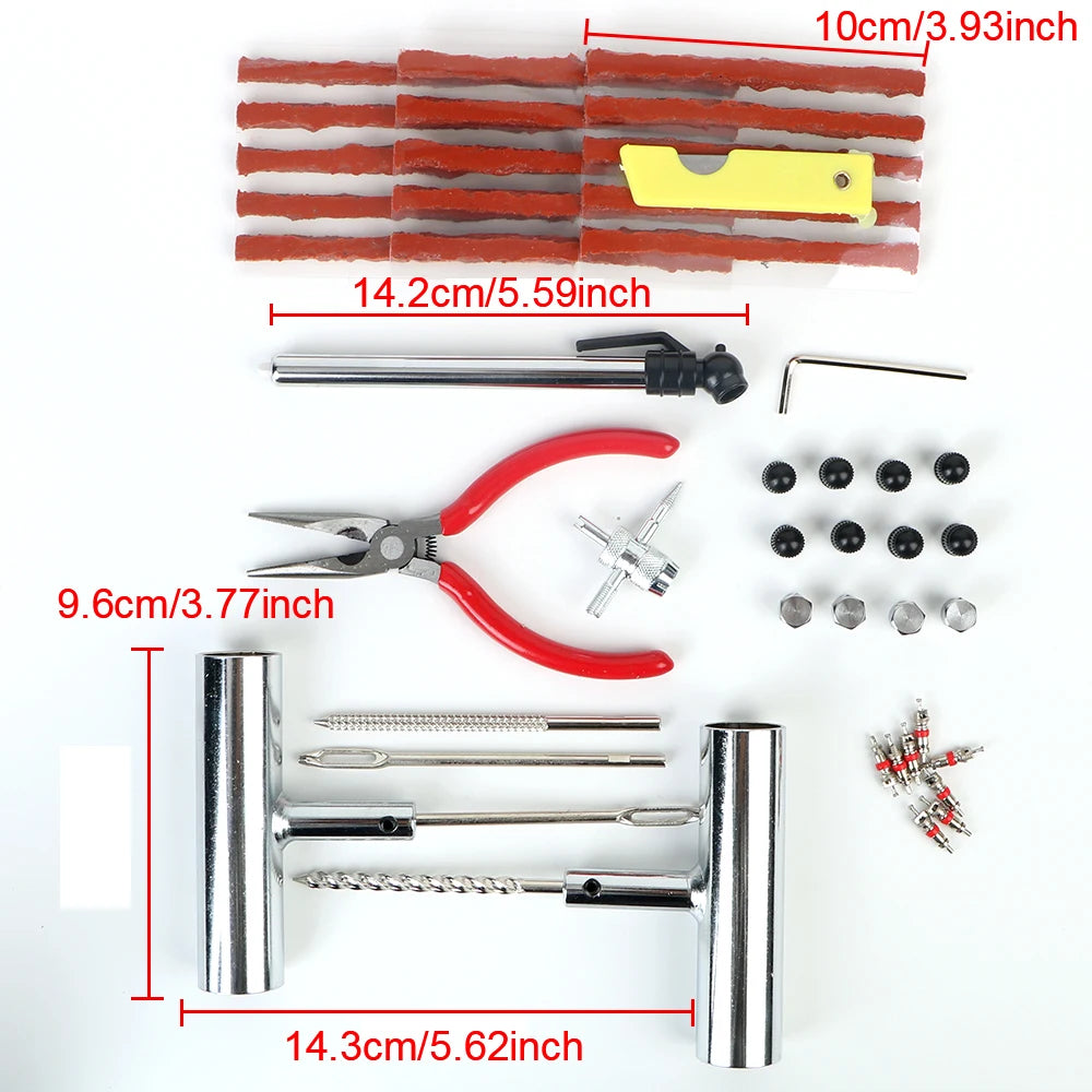 Collection of tools and equipment with measurements on a white background