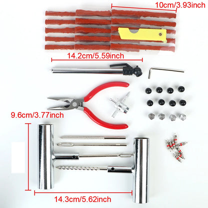 Collection of tools and equipment with measurements on a white background