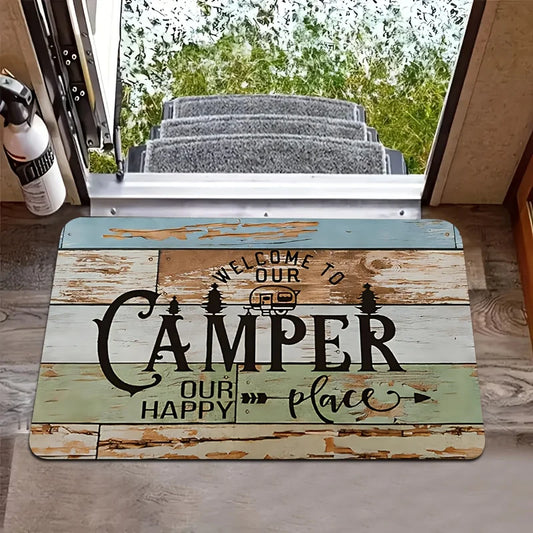 Camper Van Welcome Doormat – Non-Slip Flannel RV Mat with Trees Design