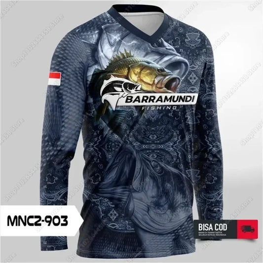 Men's long-sleeve summer fishing shirt with UV protection, breathable fabric, and outdoor design.
