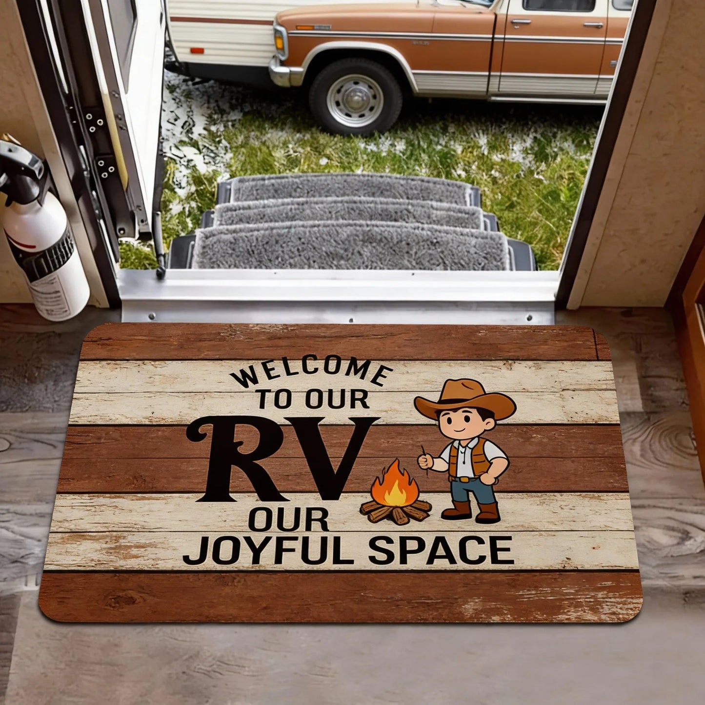 Camper Van Welcome Doormat – Non-Slip Flannel RV Mat with Trees Design