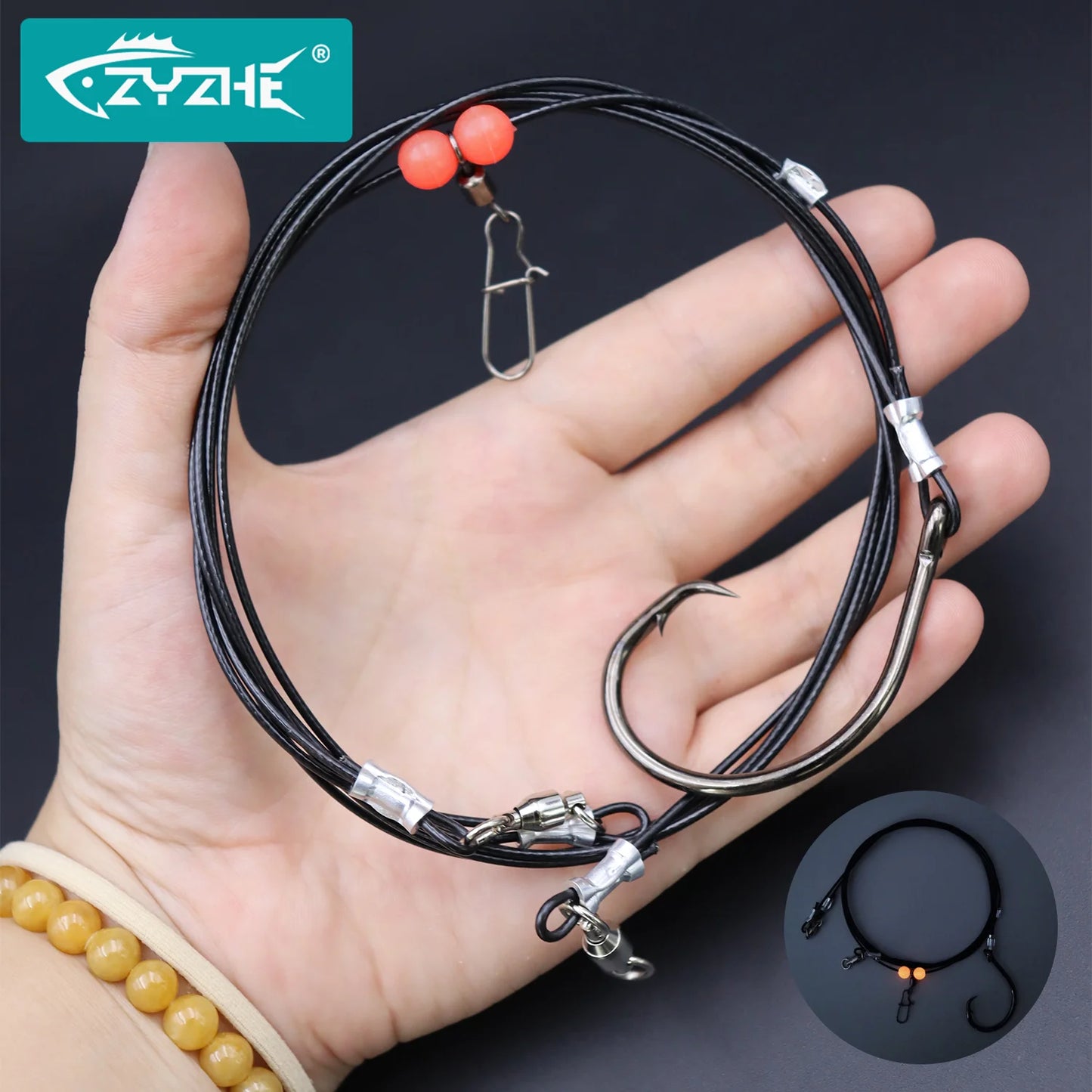 shark Fishing line with hooks held in a hand, ZYZHE brand visible