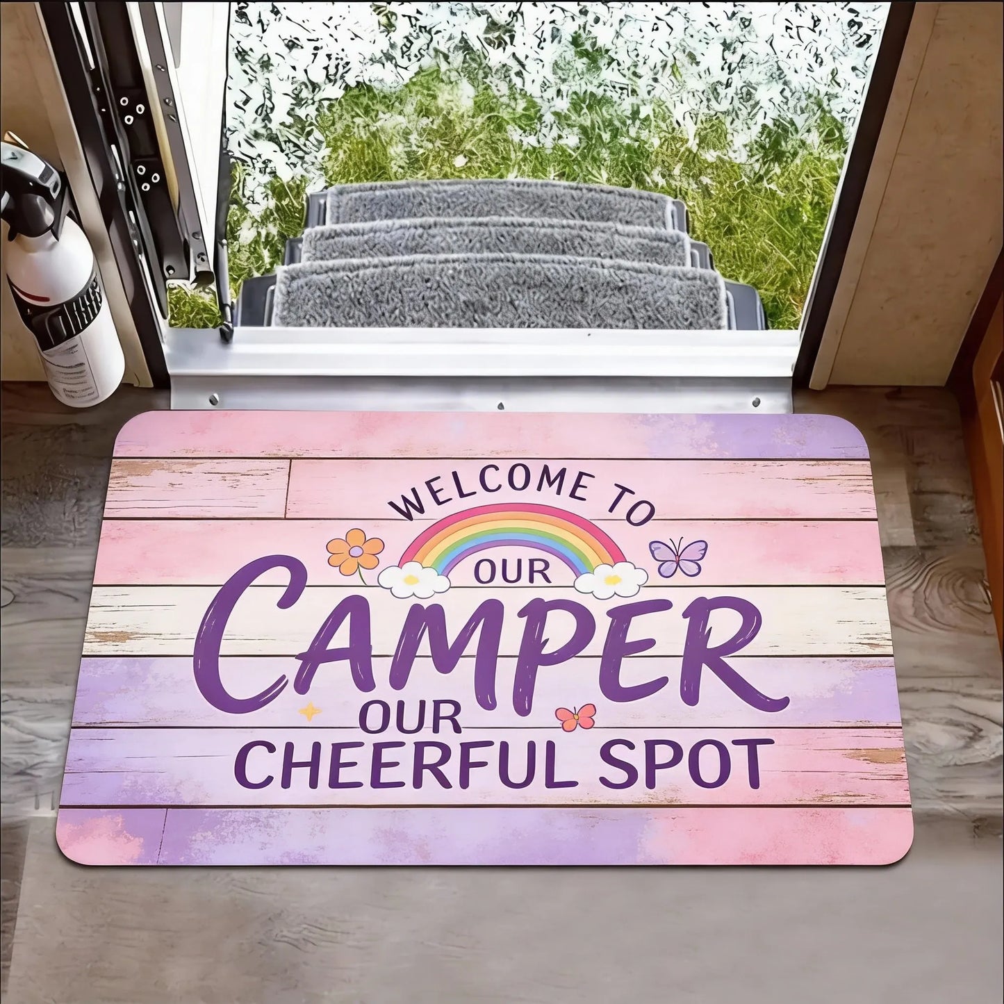 Camper Van Welcome Doormat – Non-Slip Flannel RV Mat with Trees Design