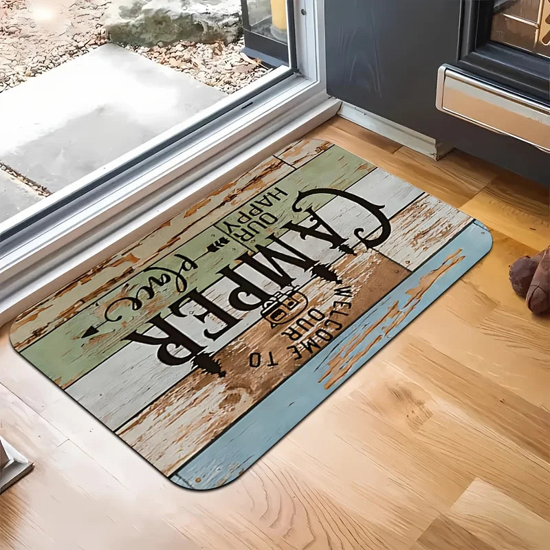 Camper Van Welcome Doormat – Non-Slip Flannel RV Mat with Trees Design