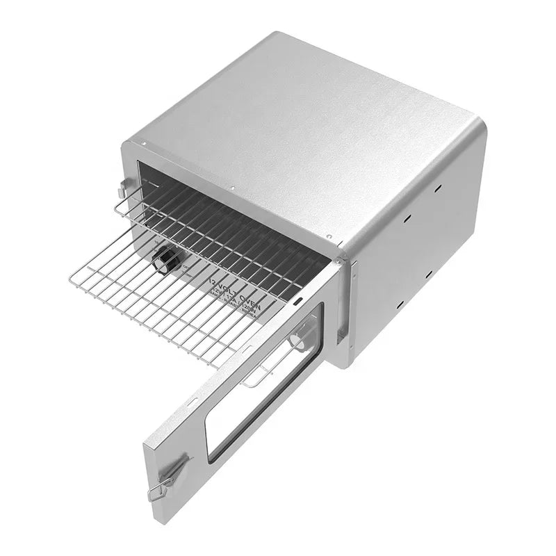 Stainless steel oven with open door on a white background