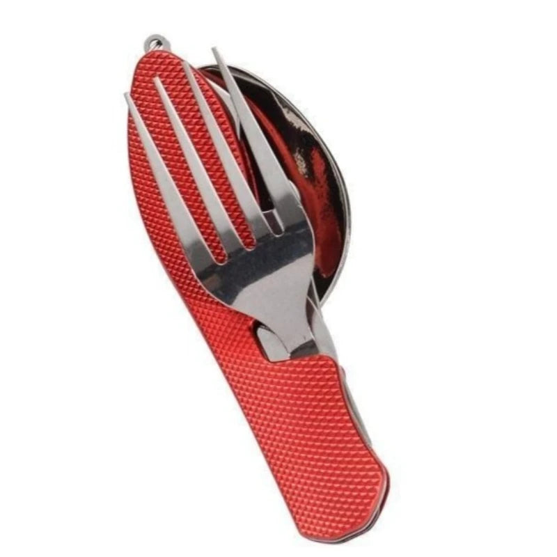 Foldable Stainless Steel Camping Utensil Set – 4-in-1 Knife, Fork, Spoon & Bottle Opener