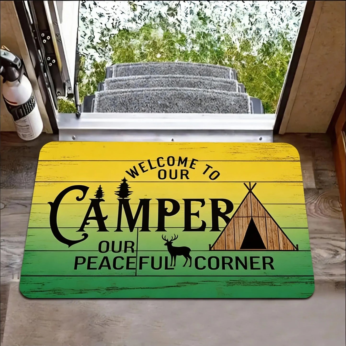 Camper Van Welcome Doormat – Non-Slip Flannel RV Mat with Trees Design