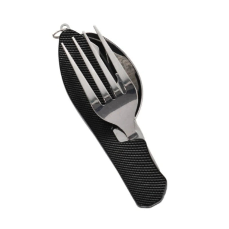 Foldable Stainless Steel Camping Utensil Set – 4-in-1 Knife, Fork, Spoon & Bottle Opener