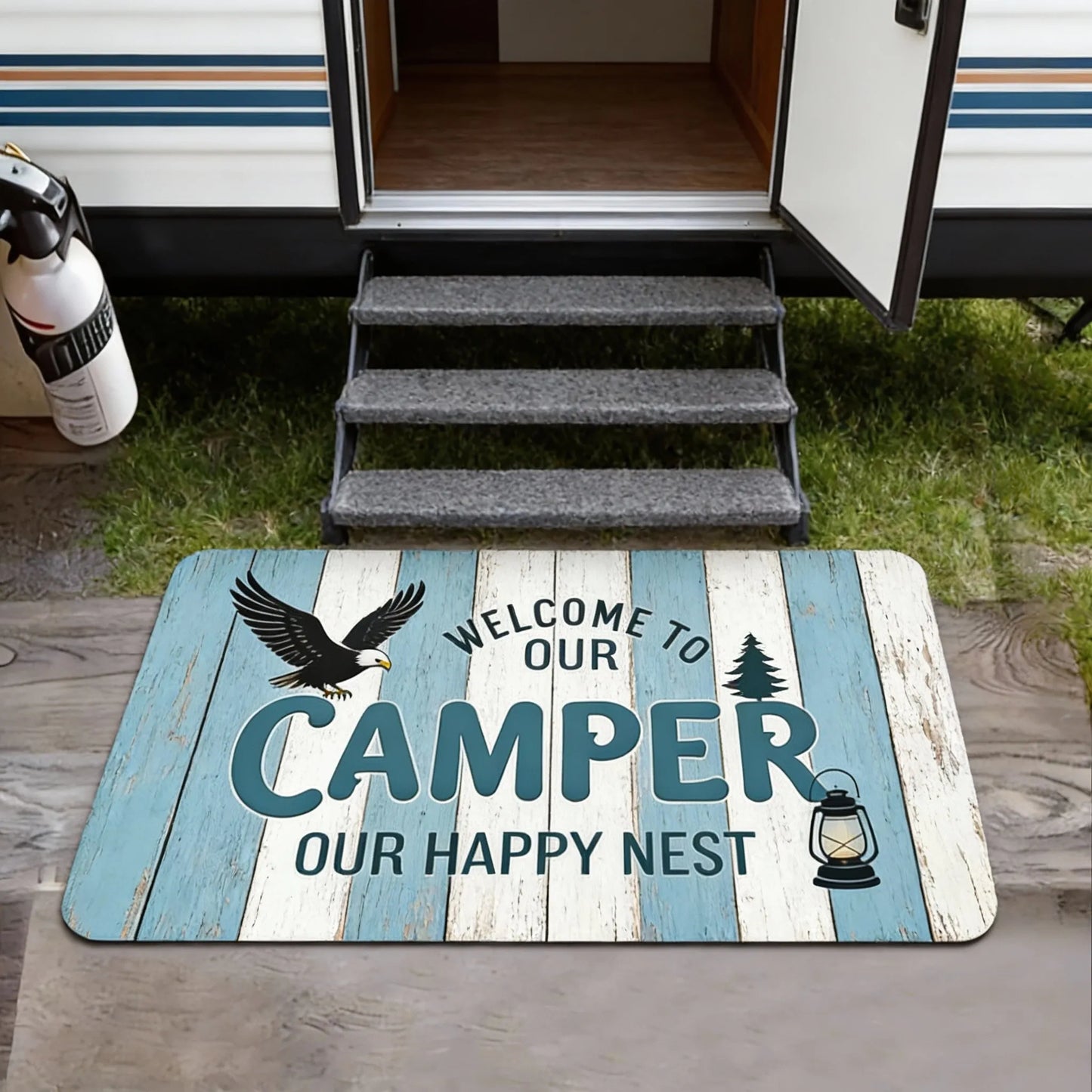 Camper Van Welcome Doormat – Non-Slip Flannel RV Mat with Trees Design