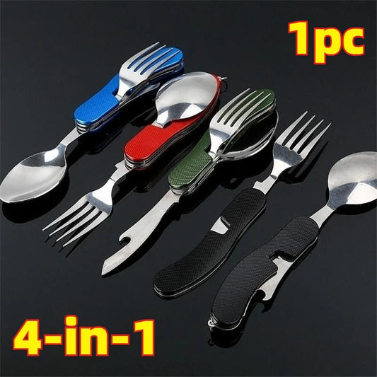 Foldable Stainless Steel Camping Utensil Set – 4-in-1 Knife, Fork, Spoon & Bottle Opener