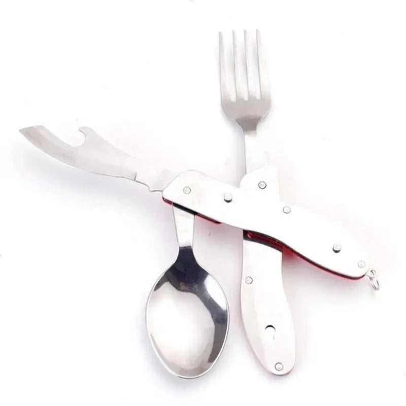 Foldable Stainless Steel Camping Utensil Set – 4-in-1 Knife, Fork, Spoon & Bottle Opener