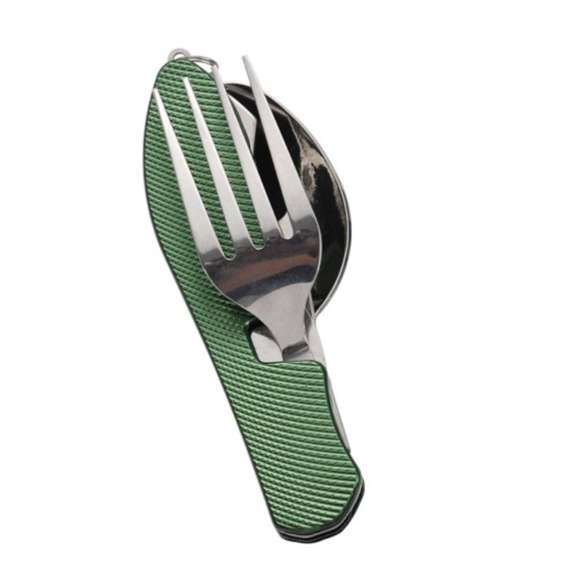 Foldable Stainless Steel Camping Utensil Set – 4-in-1 Knife, Fork, Spoon & Bottle Opener
