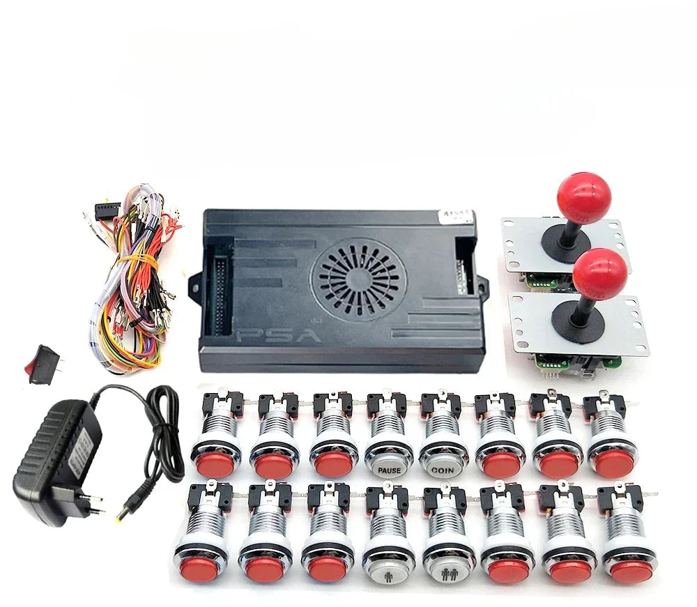Amusement park control panel with joystick, buttons, and power supply on a white background