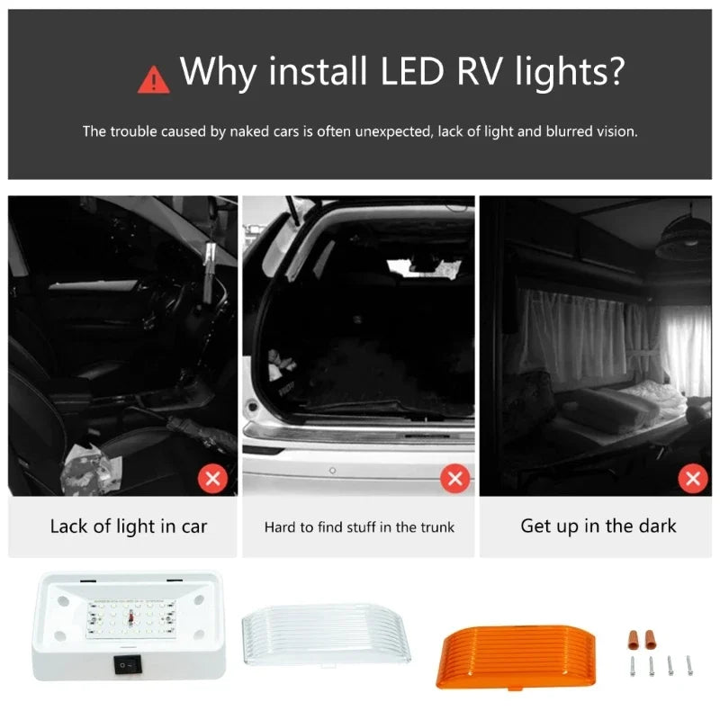 Advertisement for LED RV lights showing benefits like lack of light, hard to find stuff in the trunk, and getting up in the dark.