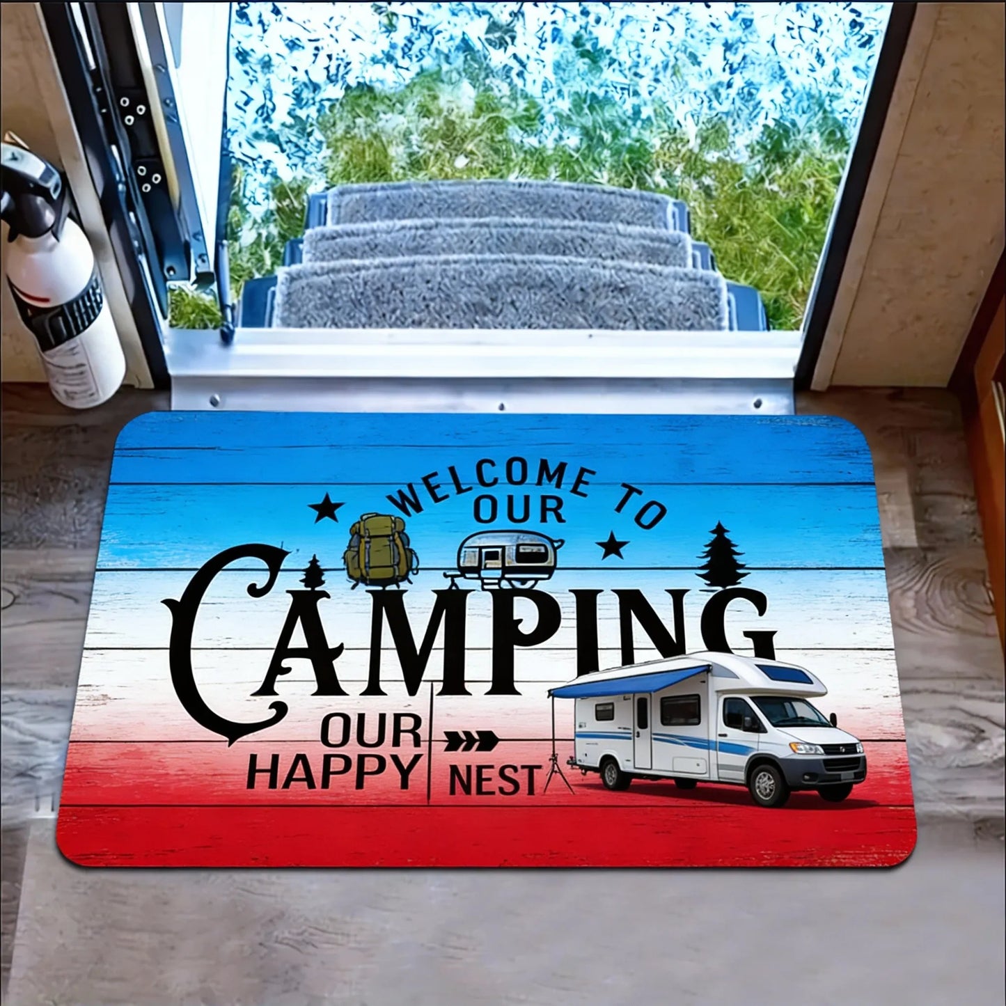 Camper Van Welcome Doormat – Non-Slip Flannel RV Mat with Trees Design