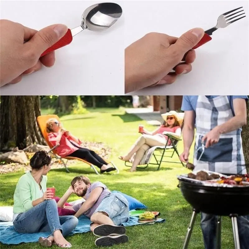 Foldable Stainless Steel Camping Utensil Set – 4-in-1 Knife, Fork, Spoon & Bottle Opener