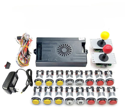 Electronic gaming components including buttons, joystick, and power supply on a white background.