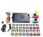 Electronic gaming components including buttons, joystick, and power supply on a white background.