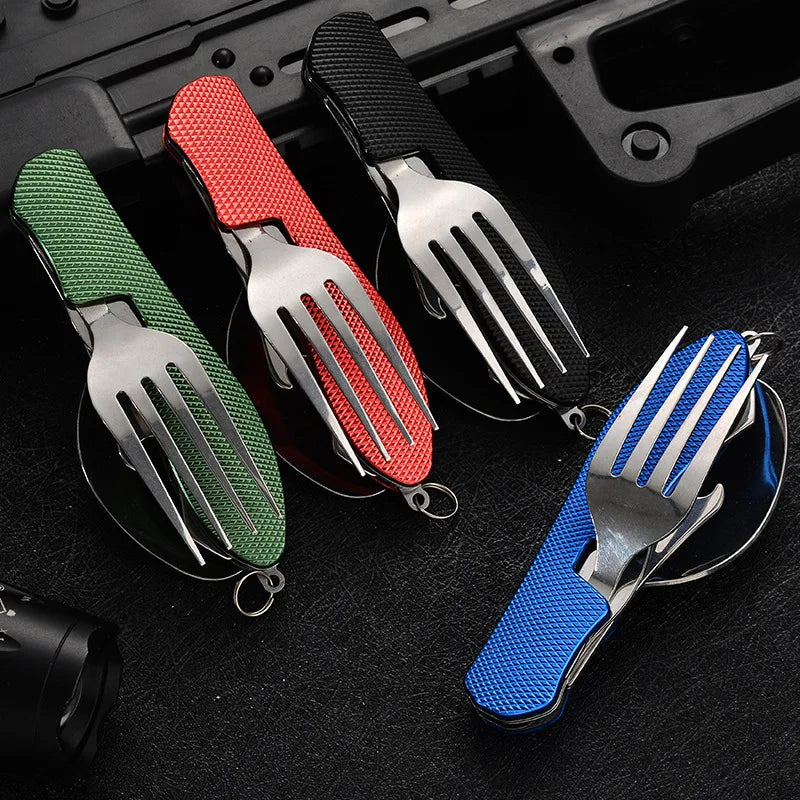 Foldable Stainless Steel Camping Utensil Set – 4-in-1 Knife, Fork, Spoon & Bottle Opener
