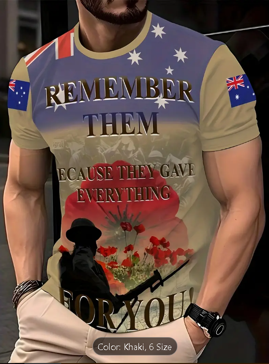 Men's casual crew neck t-shirt with Australian flag and remembrance theme, geometric pattern.