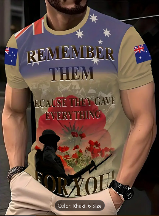 Men's casual crew neck t-shirt with Australian flag and remembrance theme, geometric pattern.