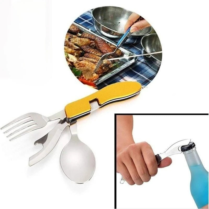 Foldable Stainless Steel Camping Utensil Set – 4-in-1 Knife, Fork, Spoon & Bottle Opener