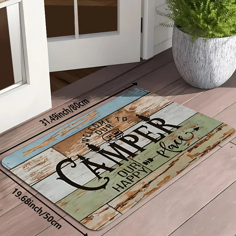 Camper Van Welcome Doormat – Non-Slip Flannel RV Mat with Trees Design