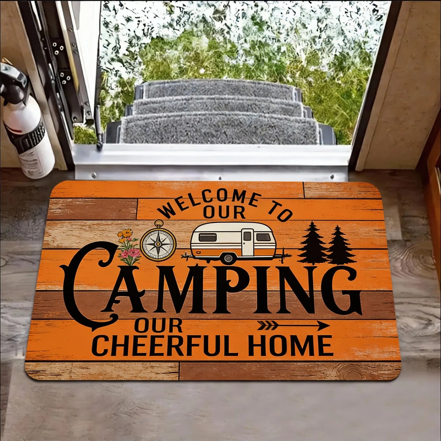 Camper Van Welcome Doormat – Non-Slip Flannel RV Mat with Trees Design
