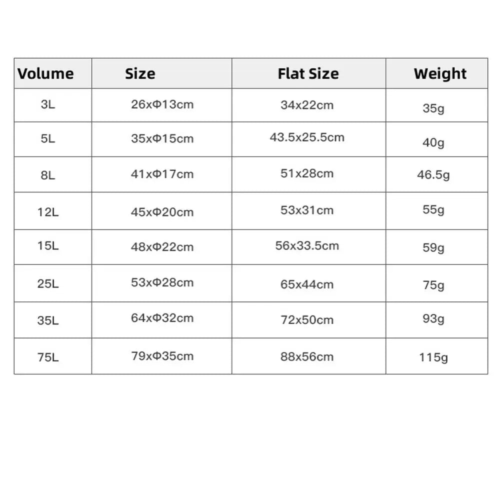 Table showing volume, size, flat size, and weight for different container sizes.