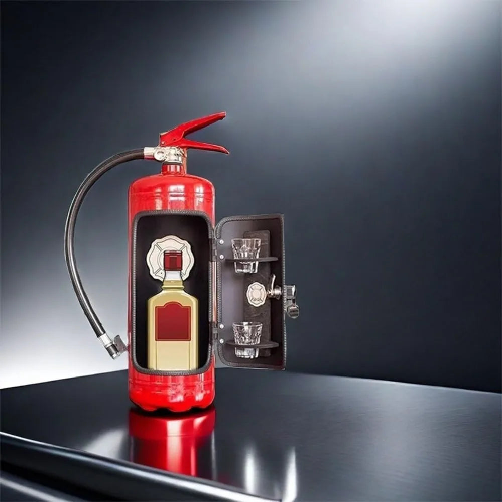 Red fire extinguisher with a hidden compartment containing a bottle and glasses on a reflective surface.