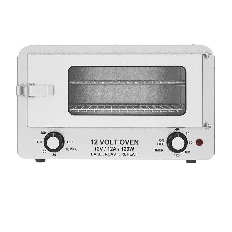 12 volt oven with control knobs on a white background