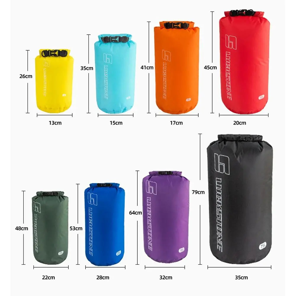Set of colorful dry bags with measurements on a white background