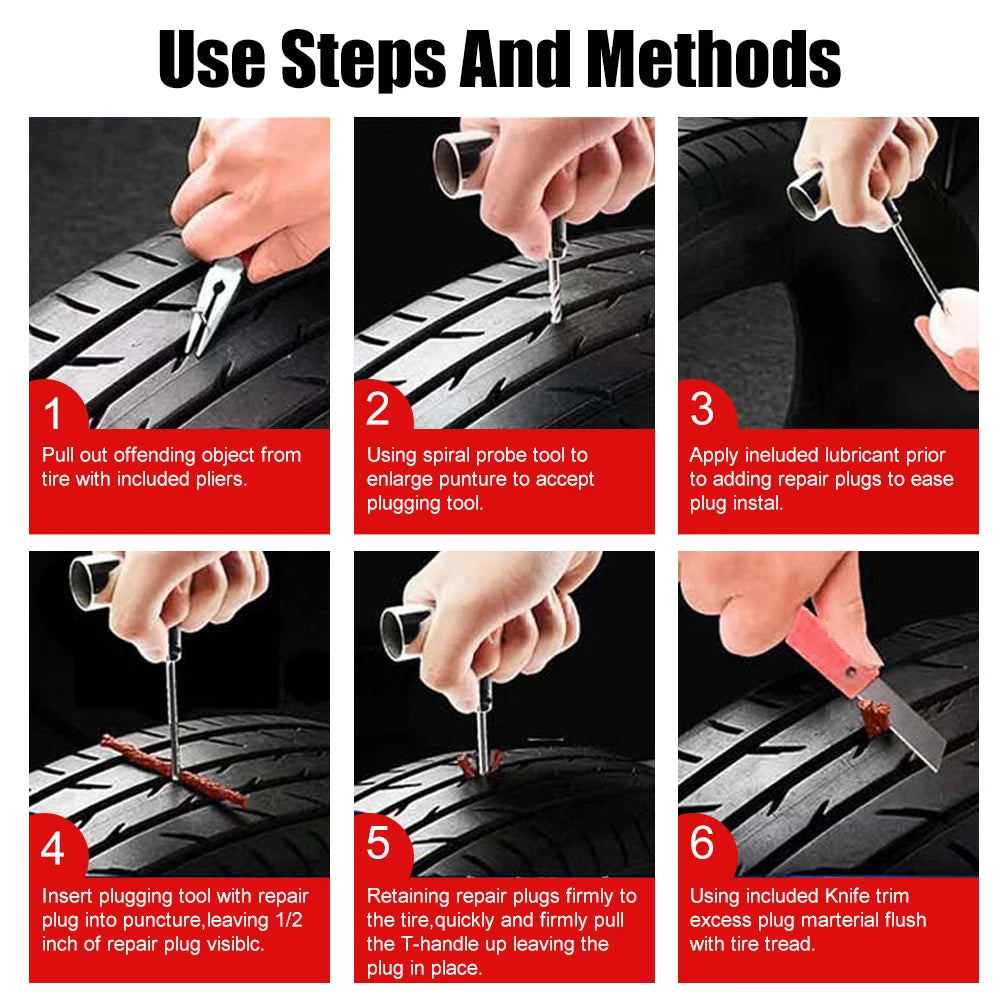 Step-by-step guide on repairing a tire puncture with tools and lubricant.