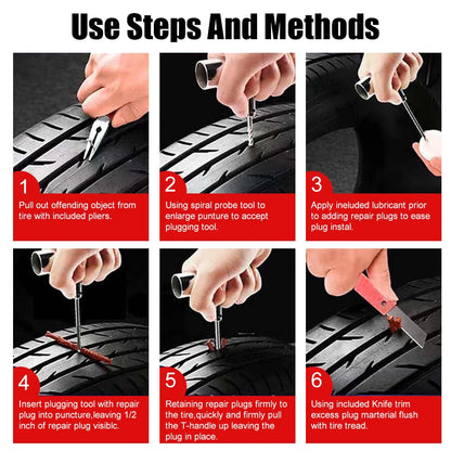 Step-by-step guide on repairing a tire puncture with tools and lubricant.
