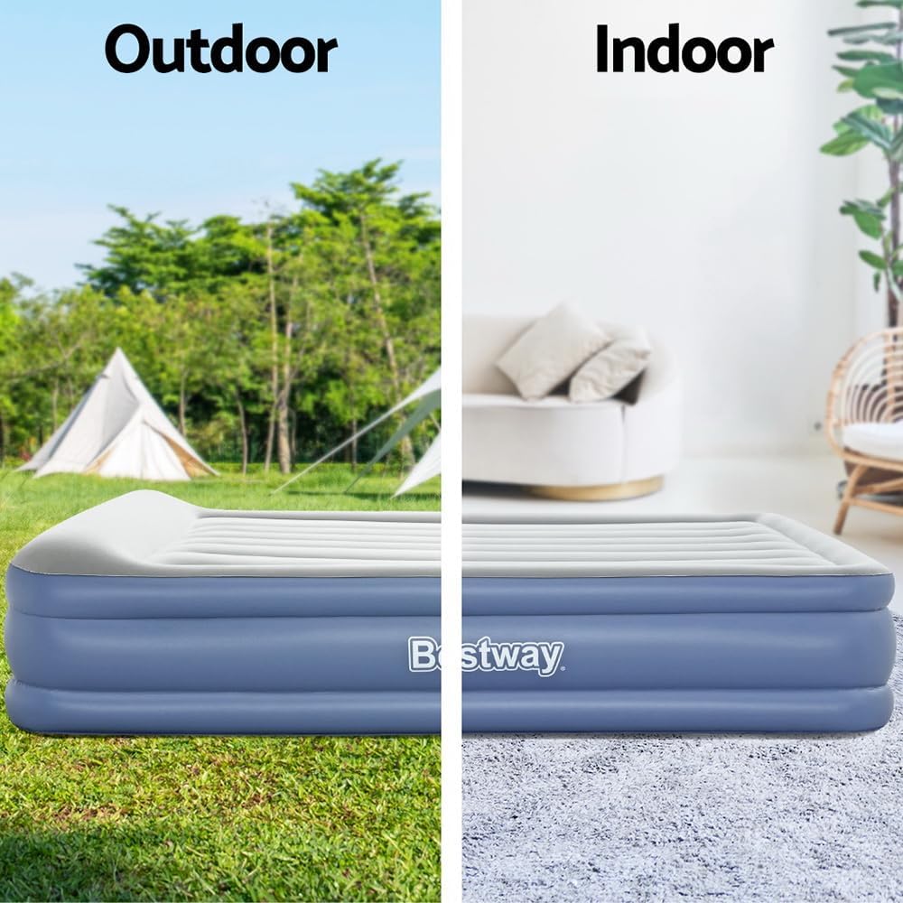 Inflatable mattress shown outdoors and indoors with 'Bestway' branding.