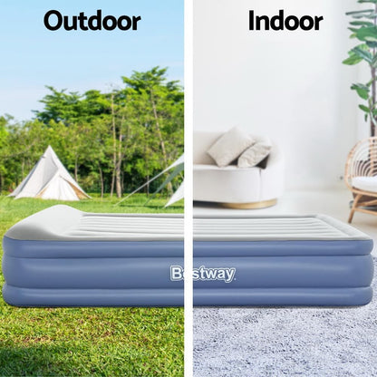 Inflatable mattress shown outdoors and indoors with 'Bestway' branding.