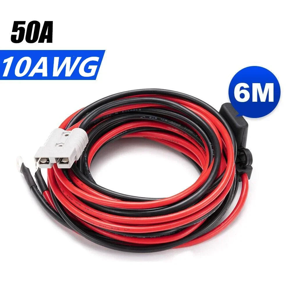 Coiled red and black wire with connector, labeled 50A 10AWG 6M on a white background