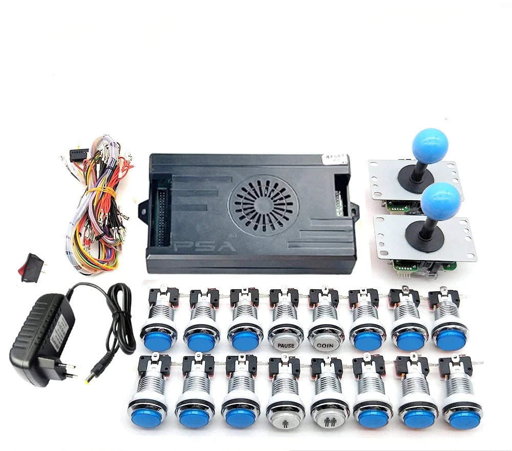 Gaming console kit with joystick, buttons, and power supply on a white background