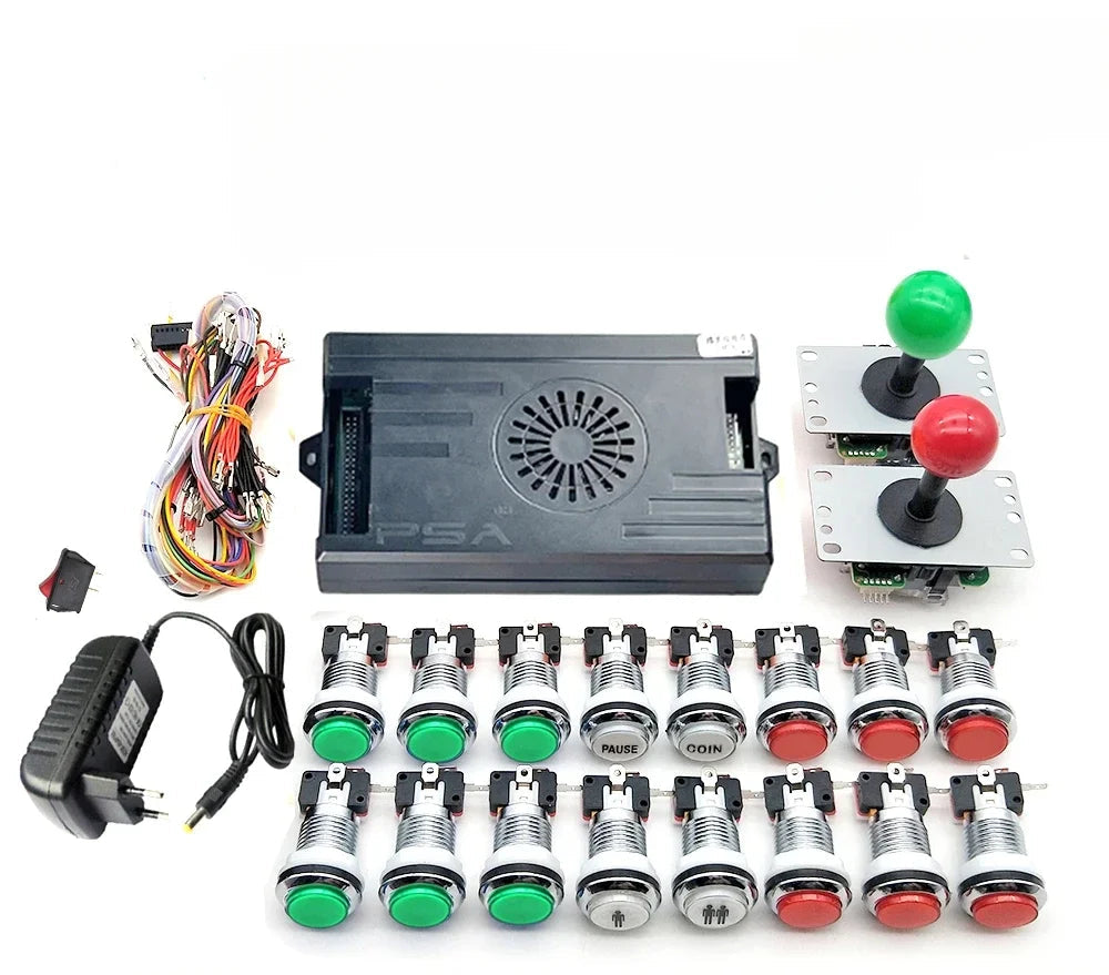 Joystick and button kit with components and packaging on a white background